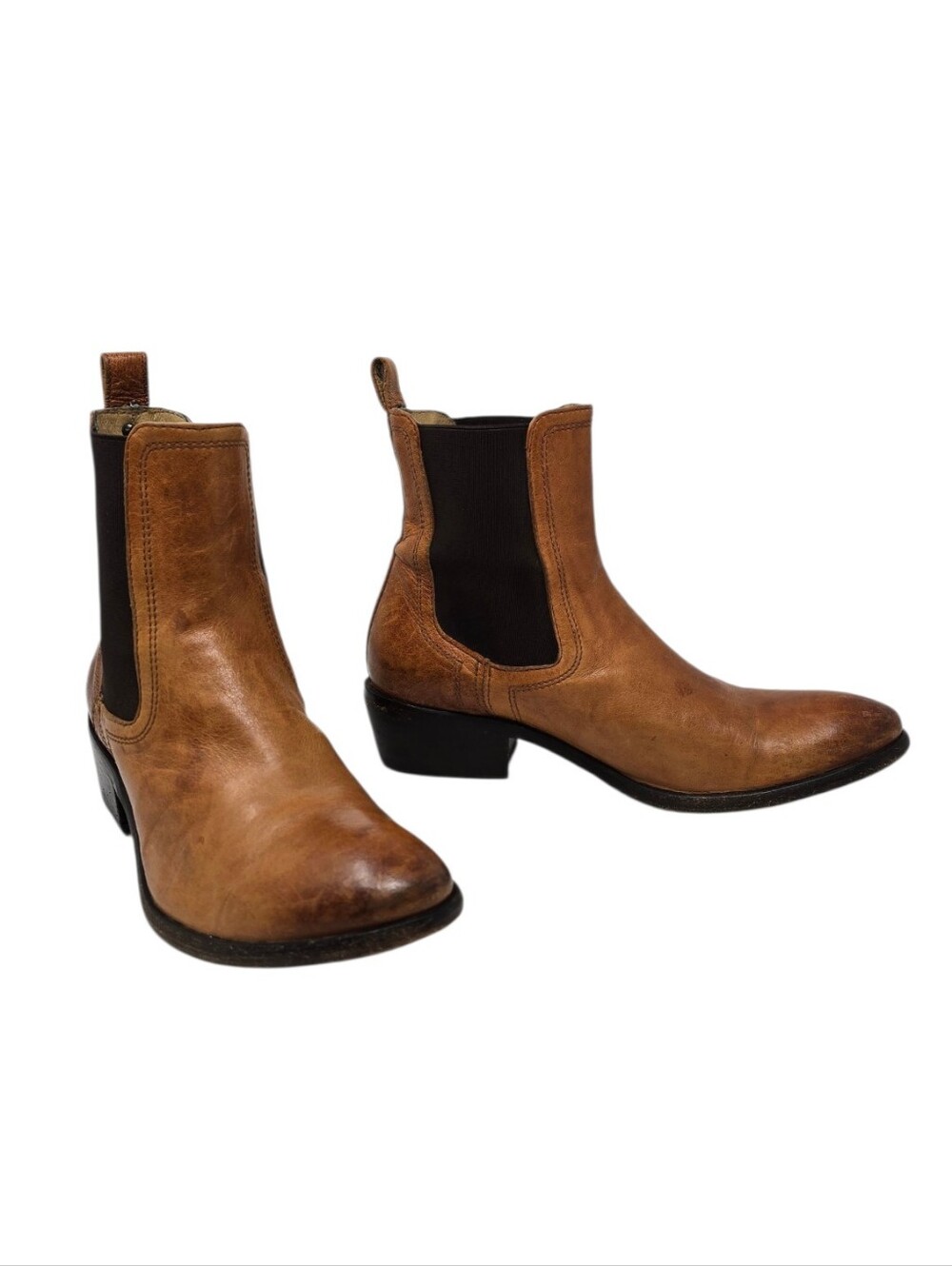 Frye Carson Chelsea Pull On Leather Boots Cognac & Dark Brown Women's 7.5